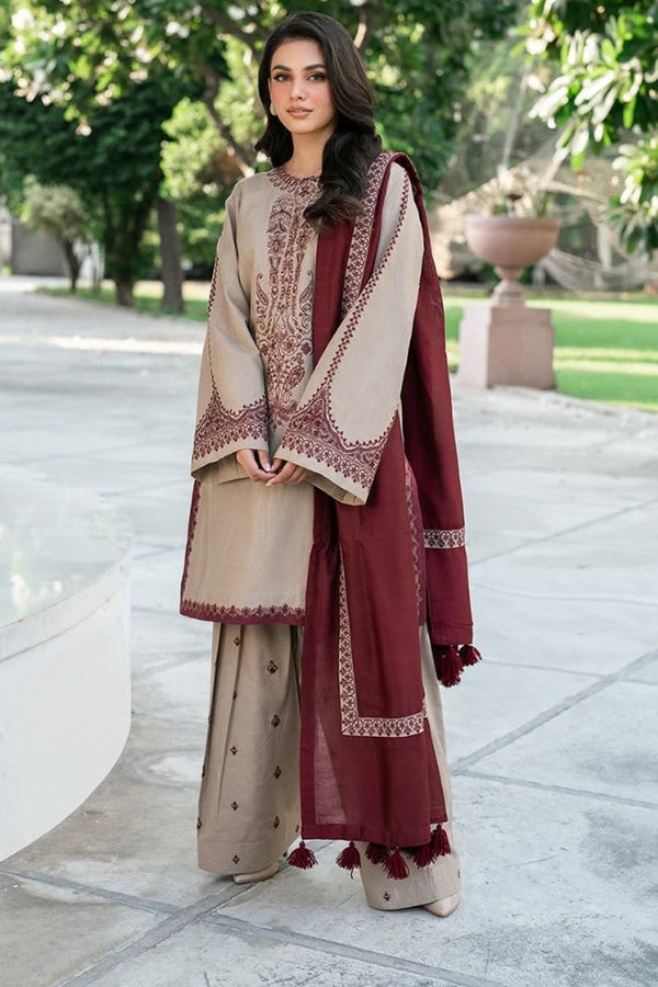 Baroque 3PC Embroidered Karandi Suit with Embroidered Shwal -GA2085