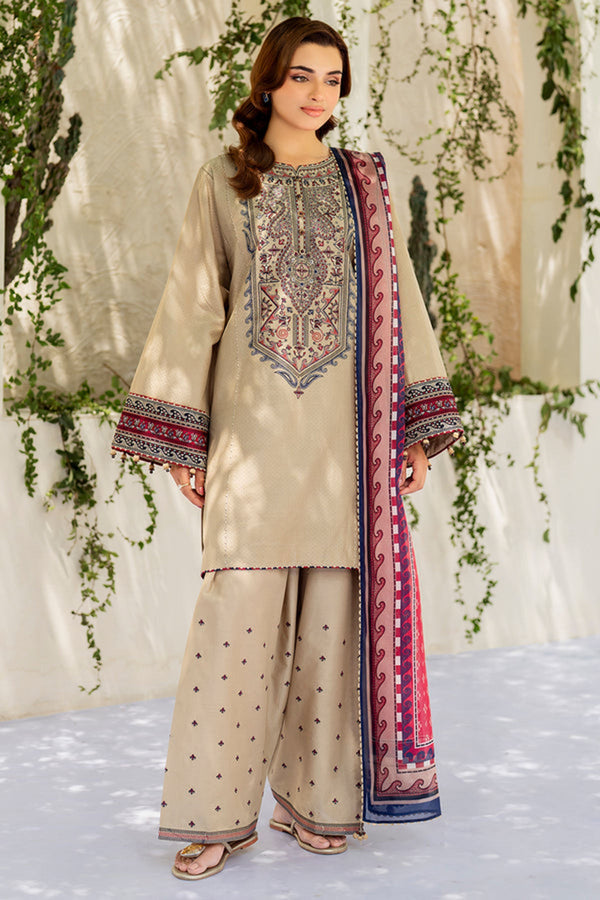 Jazmin 3PC Embroidered Karandi Suit with Printed whool shawal-NA2108
