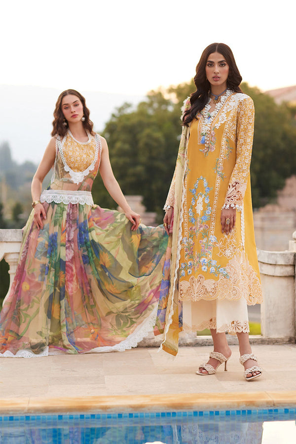 Mushq Te Amo Yellow 3Pc Luxury Embroidered Lawn With Printed Slub Net Dupatta - GA1868