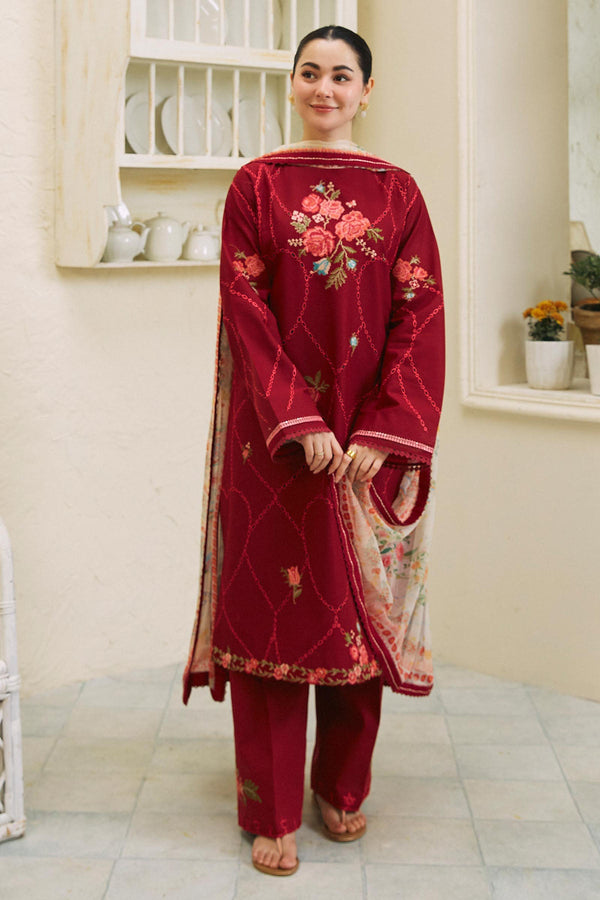 Zara Shahjahan Red Luxury Embroidered Lawn 3pc with Slub Net Dupatta - GA1855