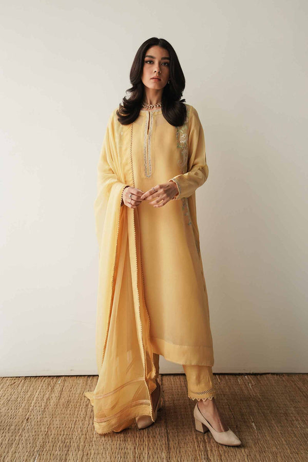 Zara Shahjahan Yellow Embroidered Georgette Chiffon 4PC Suit with Handwork - GA1623