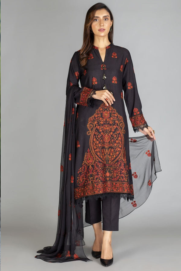 Bareeze 3PC Embroidered karandi Suit with Heavy Embroidered chiffon dupatta-GA102188