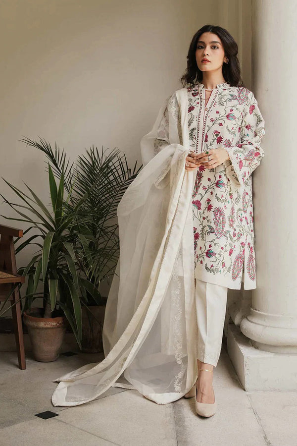 Zara Shajahan Embroidered Lawn 3Pc with Embroidered Organza Dupata-Ga1644