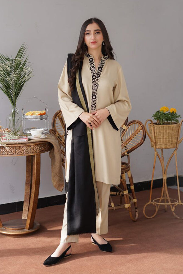 Aisling Light Skin 3PC Embroidered Dhanak with Embroidered Dhanak Shawl - GA1768