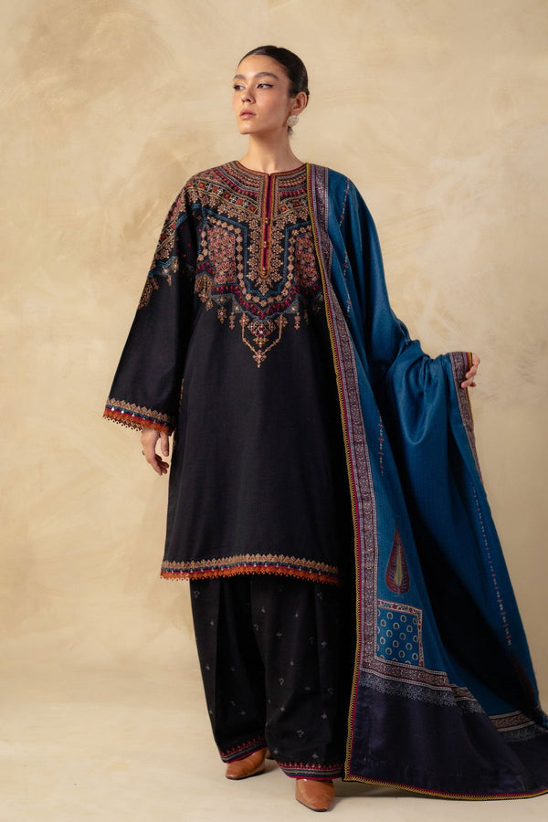 Zara shajahan 3PC Embroidered Dhanak with Printed Shawl - GA1783